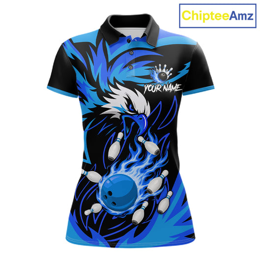 Black and blue flame eagle bowling team polo shirt for women.