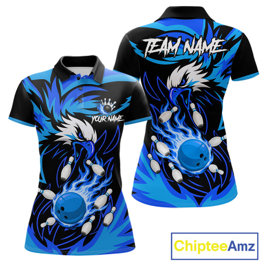 Black and blue flame eagle bowling polo shirt for women, custom bowling team jersey.