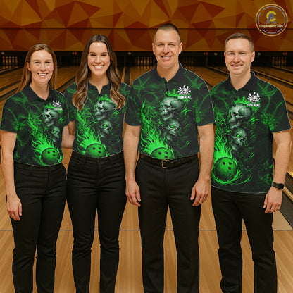 Green Flaming Skull Bowling Shirts For Women Custom Fire Bowling Team Jersey Polo & Quarter Zip TDM5618