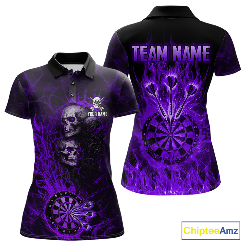 Purple Flaming Skull Darts Polo & Quarter Zip Custom Fire Darts Shirt For Women, Darts Team Jersey TDM5622