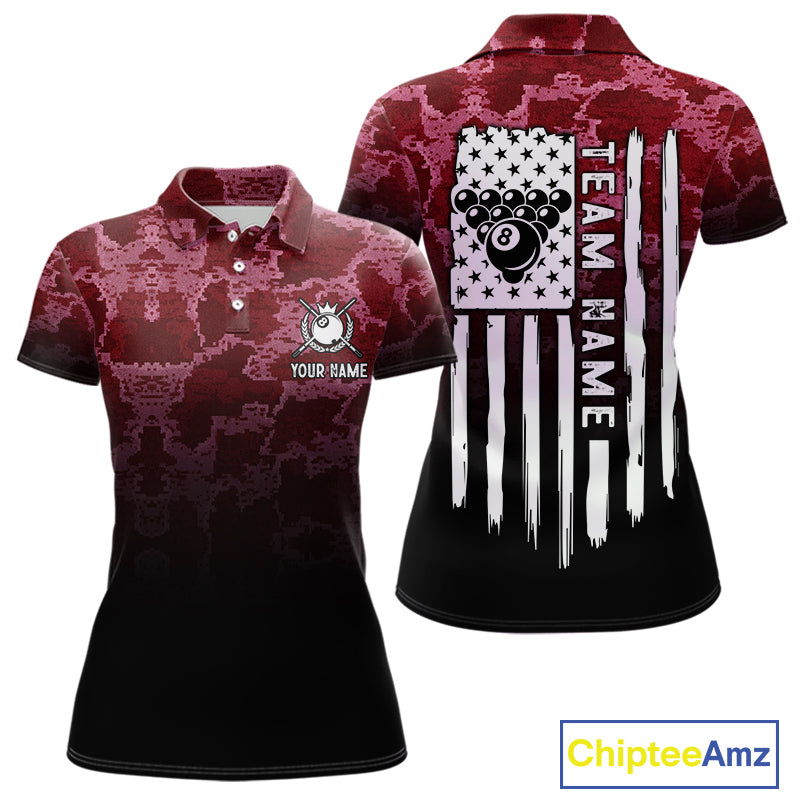 Black And Red Camo US Flag 8 Ball Billiard Shirt For Women Custom Pool Team Jersey Polo & 1/4 Zip TDM5994