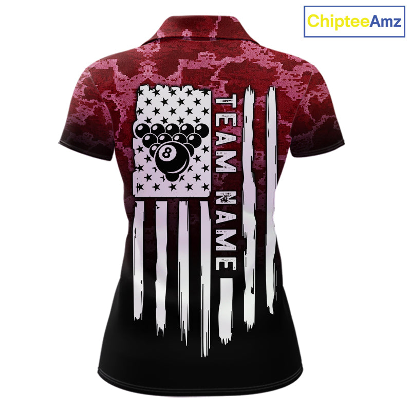 Black And Red Camo US Flag 8 Ball Billiard Shirt For Women Custom Pool Team Jersey Polo & 1/4 Zip TDM5994
