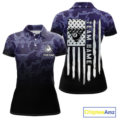 Black And Purple Camo US Flag 8 Ball Billiard Shirt For Women Custom Pool Team Jersey Polo & 1/4 Zip TDM5995