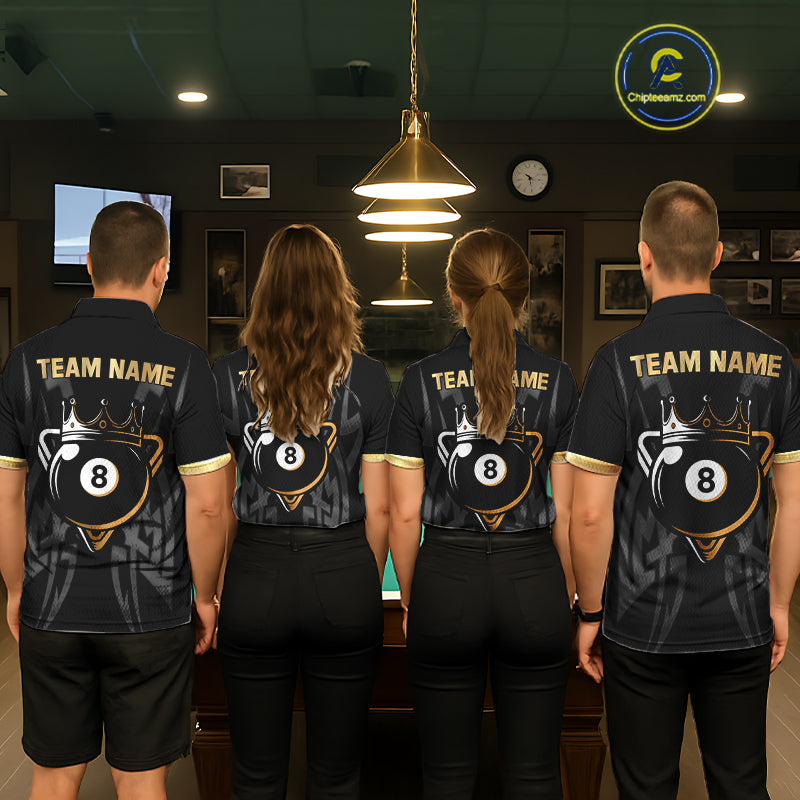 Black And Gold 8 Ball Crown Billiard Shirts For Women Custom Tribal Pool Team Jersey Polo & 1/4 Zip TDM6229