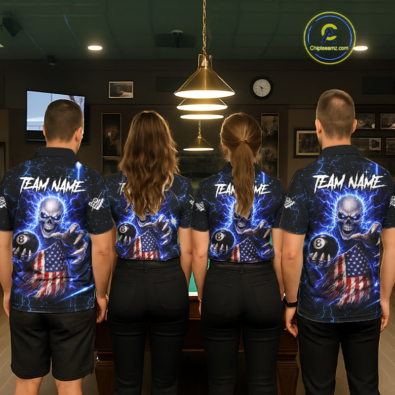 Blue Lightning 8 Ball US Flag Skull Billiard Shirt For Men Custom Pool Team Jersey Polo & 1/4 Zip TDM6230