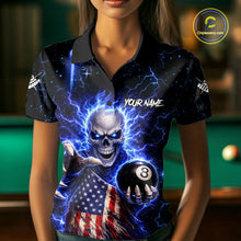 Load image into Gallery viewer, Blue Lightning 8 Ball US Flag Skull Billiard Shirt For Women Custom Pool Team Jersey Polo &amp; 1/4 Zip TDM6230