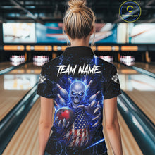 Load image into Gallery viewer, Blue Lightning US Flag Skull Bowling Shirt For Women Custom Bowling Team Jersey Polo &amp; Quarter Zip TDM6232