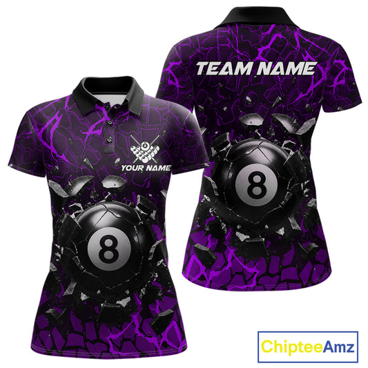 Purple crack 8 ball billiard polo shirt for women with modern pool team graphics and league-ready style.
