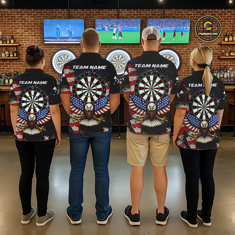 Grunge American Flag Eagle Darts Shirt For Men Custom Patriotic Darts Team Jersey Polo & 1/4 Zip TDM6002