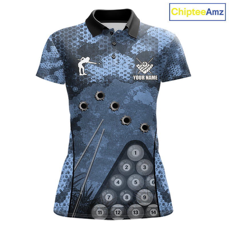 Blue Camo 8 Ball Billiard Shirt For Women Custom Pool Team Shirt, Billiard Jersey Polo & 1/4 Zip TDM6008