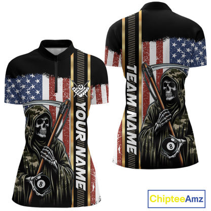Camo Grim Reaper 8 Ball Billiard Shirt For Women Custom American Flag Pool Team Jersey Polo, 1/4 Zip TDM6246