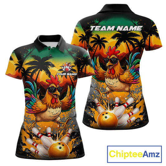 Funny Chicken Sunset Tropical Bowling Jersey For Women Custom Bowling Team Shirts Polo & 1/4 Zip TDM6458