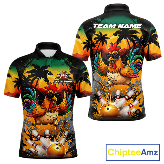 Funny Chicken Sunset Tropical Bowling Jersey For Men Custom Bowling Team Shirts Polo & 1/4 Zip TDM6458