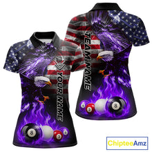 Load image into Gallery viewer, Purple flame eagle pool shirt for women with American flag design and custom team style.