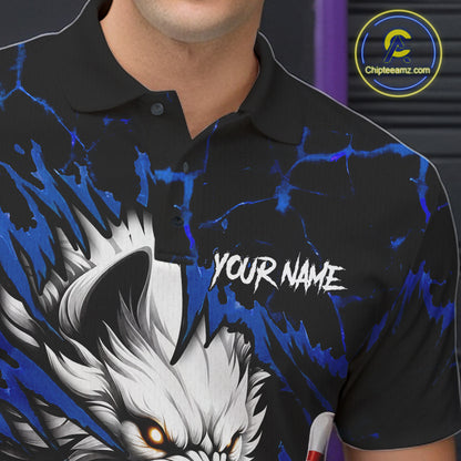 Close-up of black and blue custom wolf bowling team jersey polo shirt featuring collar, buttons and wolf artwork.