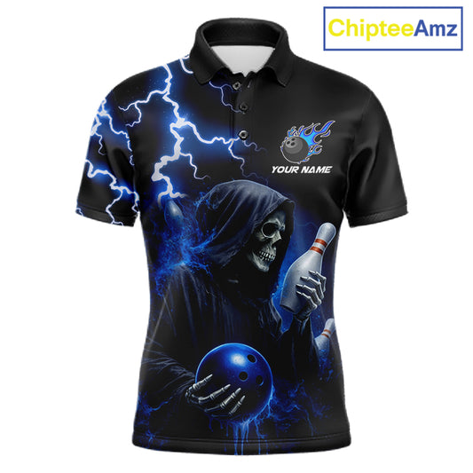Blue Grim Reaper Bowling Shirt For Men Custom Lightning Team League Bowling Jersey Polo & 1/4 Zip TDM5854