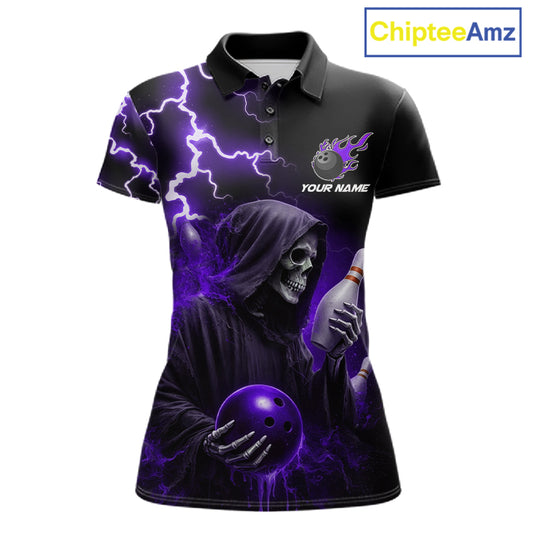 Purple Grim Reaper Bowling Shirt For Women Custom Lightning Team League Bowling Jersey Polo, 1/4 Zip TDM5856