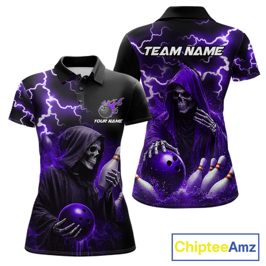 Purple Grim Reaper Bowling Shirt For Women Custom Lightning Bowling Jersey Team Polo & 1/4 Zip TDM5857