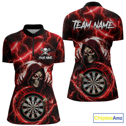 Red Grim Reaper Skull Thunder Lightning Darts Shirt For Women Custom Darts Jersey Team Polo & 1/4 Zip TDM6467