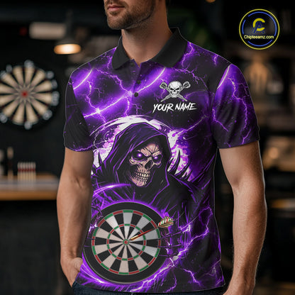 Purple Grim Reaper Skull Thunder Lightning Darts Shirt For Men Custom Darts Jersey Polo & 1/4 Zip TDM6468