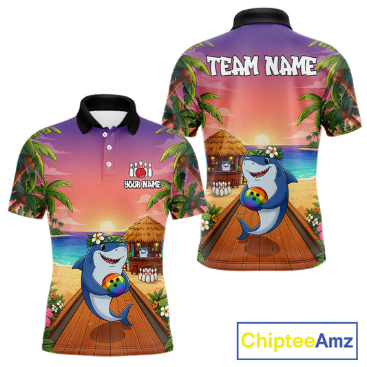 Funny Shark Sunset Tropical Bowling Shirts For Men Custom Bowling Polo & 1/4 Zip, Bowling Gifts TDM6472