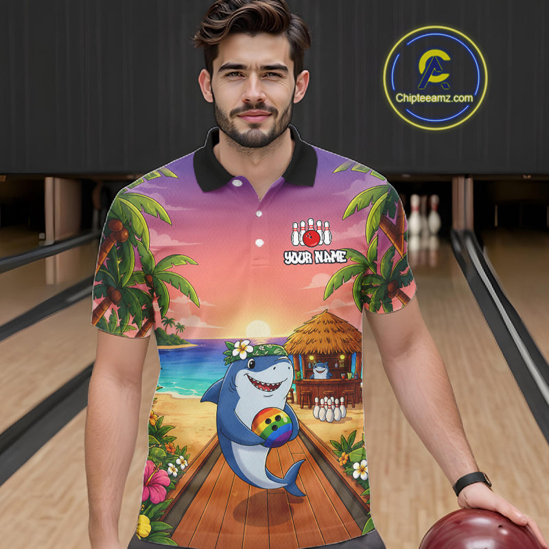 Funny Shark Sunset Tropical Bowling Shirts For Men Custom Bowling Polo & 1/4 Zip, Bowling Gifts TDM6472