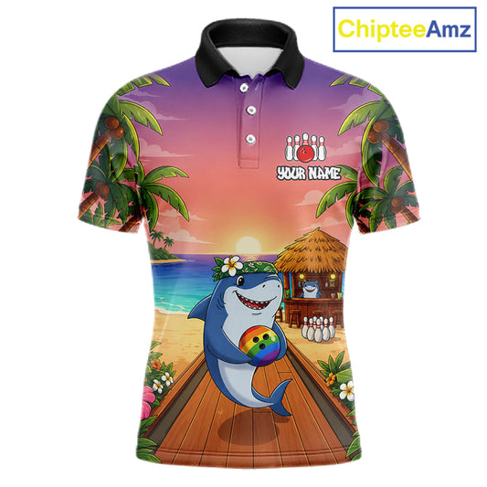 Funny Shark Sunset Tropical Bowling Shirts For Men Custom Bowling Polo & 1/4 Zip, Bowling Gifts TDM6472