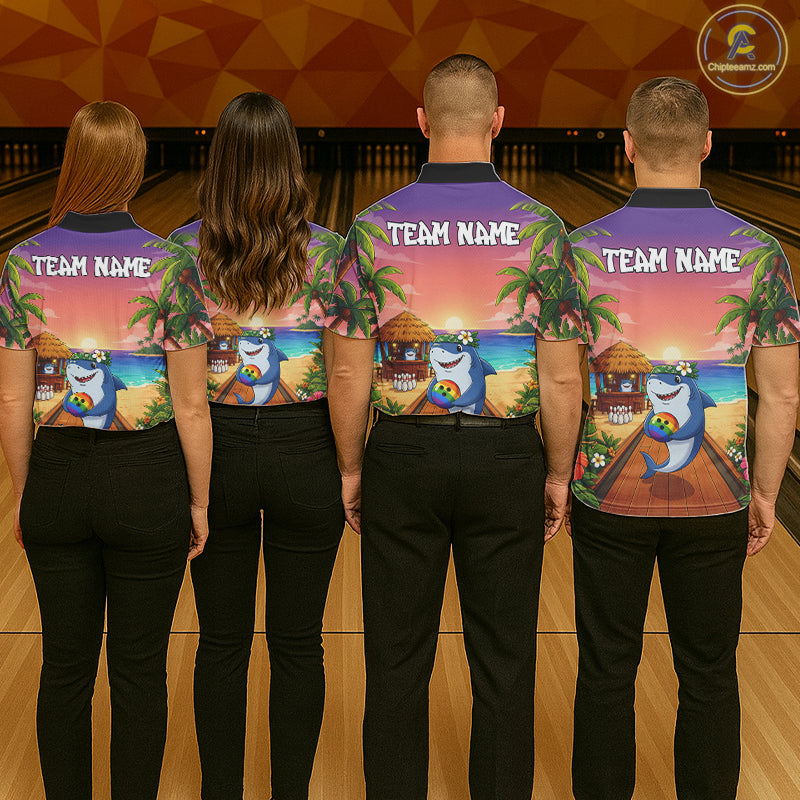 Funny Shark Sunset Tropical Bowling Shirts For Men Custom Bowling Polo & 1/4 Zip, Bowling Gifts TDM6472