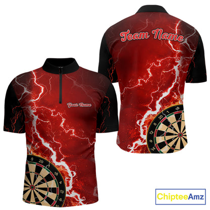 Custom red lightning darts quarter zip shirt with left chest pocket for men, personalized darts team jersey.