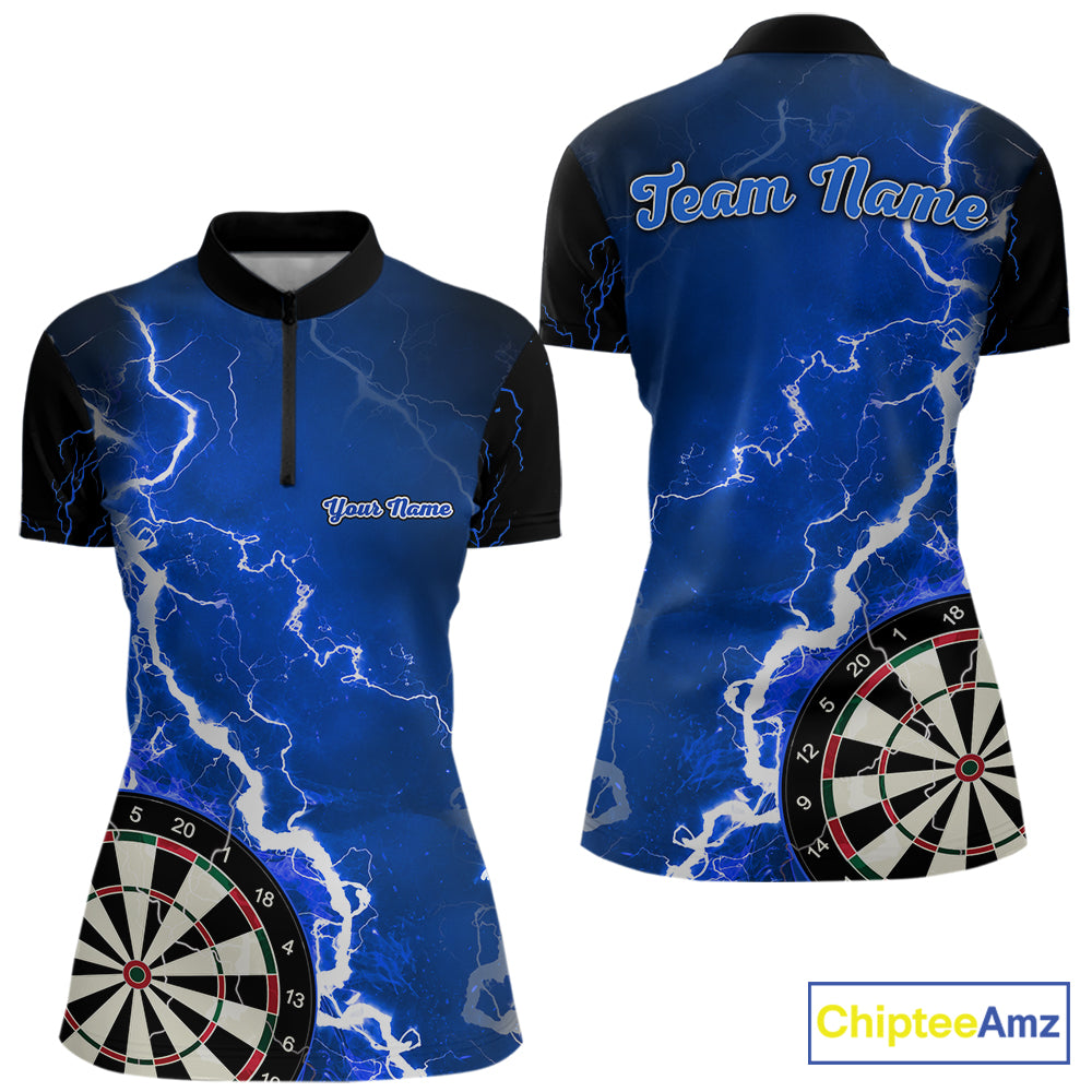 Custom blue lightning darts team quarter zip shirt for women with electric lightning graphics and personalized darts jersey design.