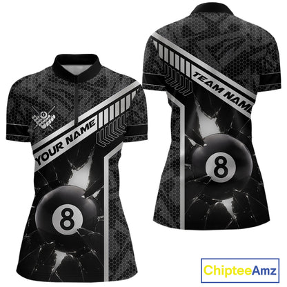 Black And White 8 Ball Break Glass Billiard Shirt For Women Custom Pool Team Jersey Polo & 1/4 Zip TDM6252
