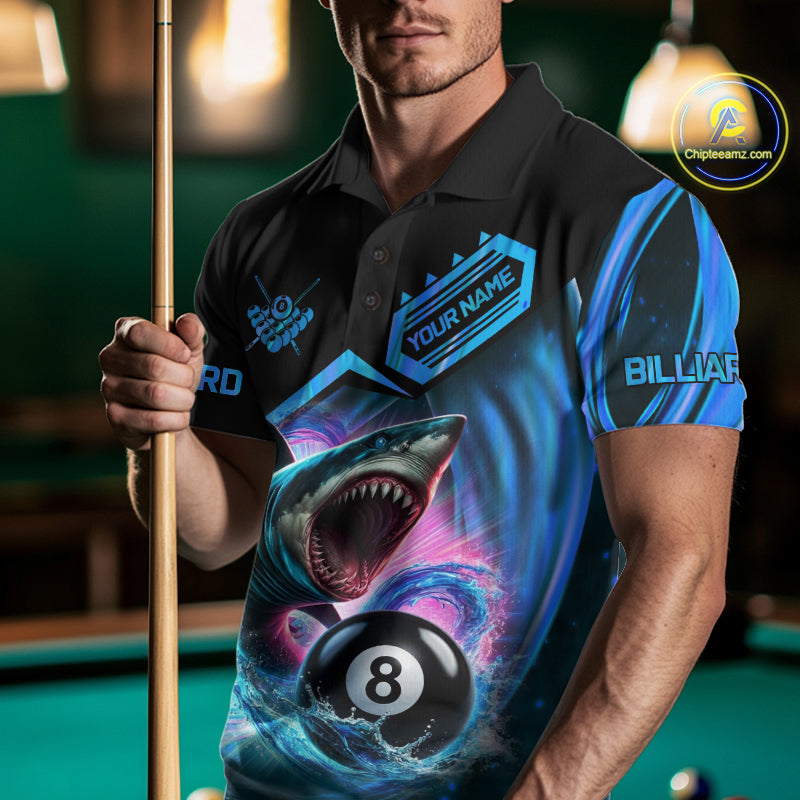 Man wearing blue 8 ball pool billiard shark team jersey featuring shark and 8 ball artwork, front view.
