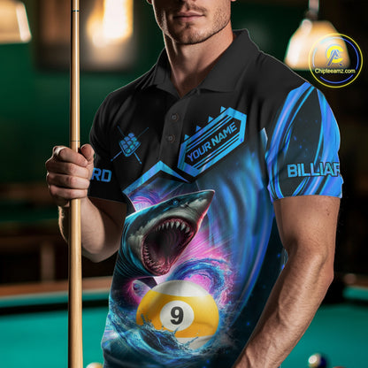 Man wearing blue 9 ball pool billiard shark team jersey featuring shark and 9 ball artwork, front view.