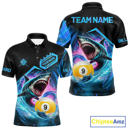 Blue 9 ball pool billiard shark team jersey polo shirt for men featuring a fierce shark and 9 ball design, premium custom billiard league apparel.