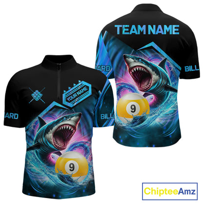 Blue 9 ball pool billiard shark team jersey quarter zip shirt for men featuring shark and 9 ball artwork, premium custom billiard apparel.