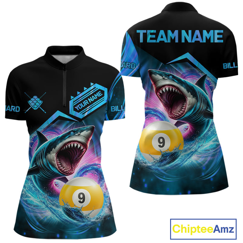 Blue 9 ball pool billiard shark team jersey quarter zip shirt for women featuring shark and 9 ball artwork, premium custom billiard apparel.