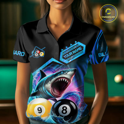 Woman wearing blue 8 ball and 9 ball pool billiard shark team jersey featuring shark, 8 ball and 9 ball artwork, front view.