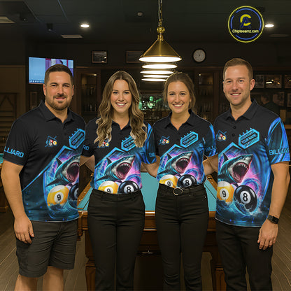 Billiard team wearing matching blue 8 ball and 9 ball pool shark team jerseys, front view.