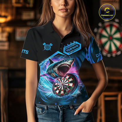 Woman wearing personalized blue dartboard shark darts team jersey featuring blue shark and dartboard artwork, front view.