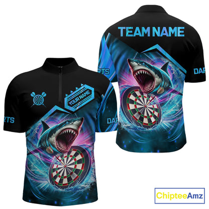 Personalized blue dartboard shark darts team jersey quarter zip shirt for men featuring a fierce shark and dartboard artwork, premium custom darts league apparel.