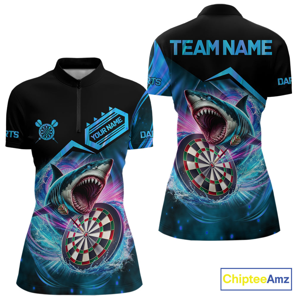 Personalized blue dartboard shark darts team jersey quarter zip shirt for women featuring a fierce shark and dartboard artwork, premium custom darts league apparel.