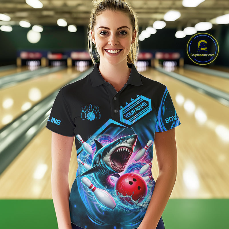 Woman wearing personalized blue glowing shark bowling team jersey polo shirt featuring glowing shark artwork, front view.