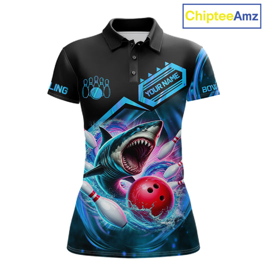 Personalized blue glowing shark bowling team jersey polo shirt for women featuring a glowing shark design, premium custom bowling league team apparel for tournaments and team play.