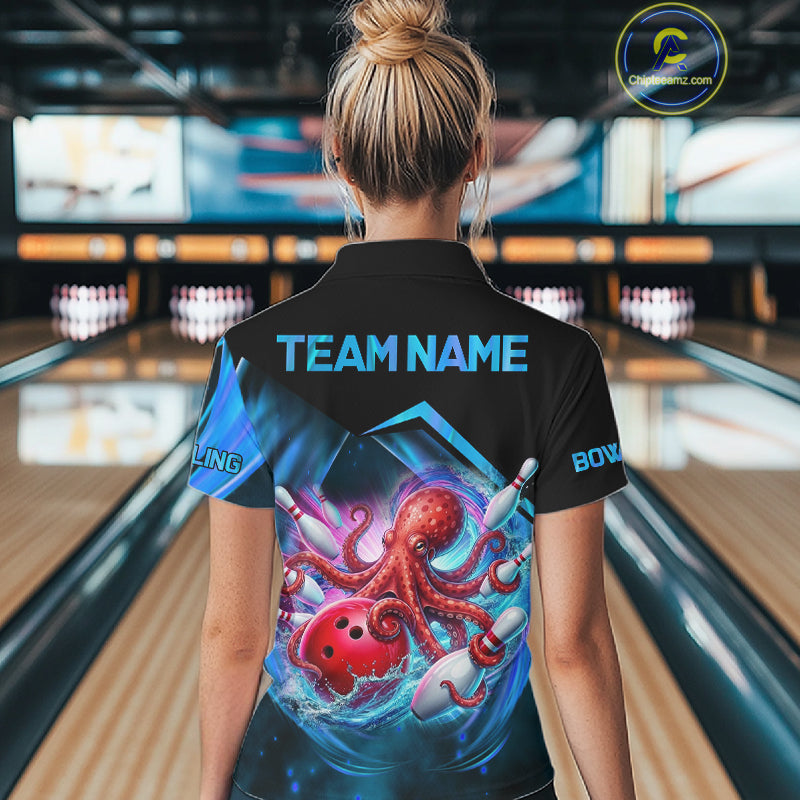 Woman wearing personalized blue glowing octopus bowling team jersey polo shirt featuring glowing octopus artwork, back view.