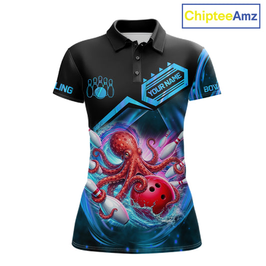Personalized blue glowing octopus bowling team jersey polo shirt for women featuring a glowing octopus design, premium custom bowling league team apparel for tournaments and team play.