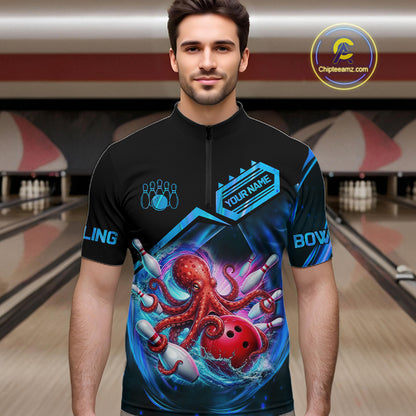 Man wearing personalized blue glowing octopus bowling team jersey quarter zip shirt featuring glowing octopus artwork, front view.