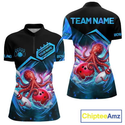 Personalized blue glowing octopus bowling team jersey quarter zip shirt for women featuring vibrant glowing octopus artwork, premium custom bowling apparel.