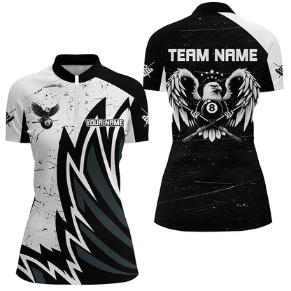Personalized Grunge Black White Eagle Wings Billiard Shirts For Women, Billiard Jersey Short Sleeves TDM2446