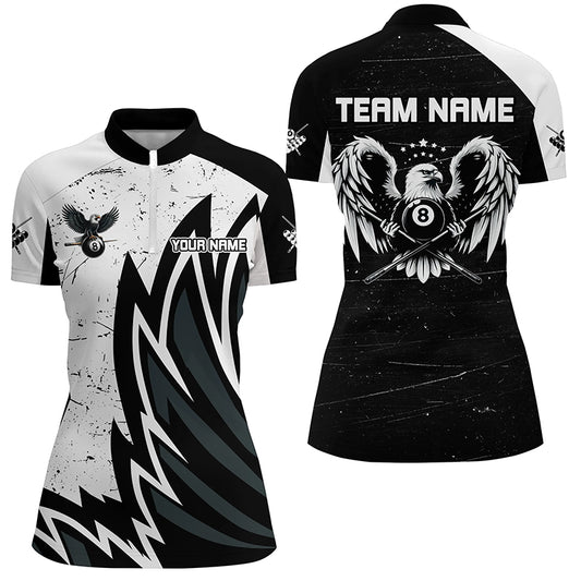 Personalized Grunge Black White Eagle Wings Billiard Shirts For Women, Billiard Jersey Short Sleeves TDM2446