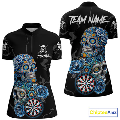 Personalized Blue Sugar Skull Darts Shirt For Women Custom Darts Jersey Team Polo & Quarter Zip TDM6263